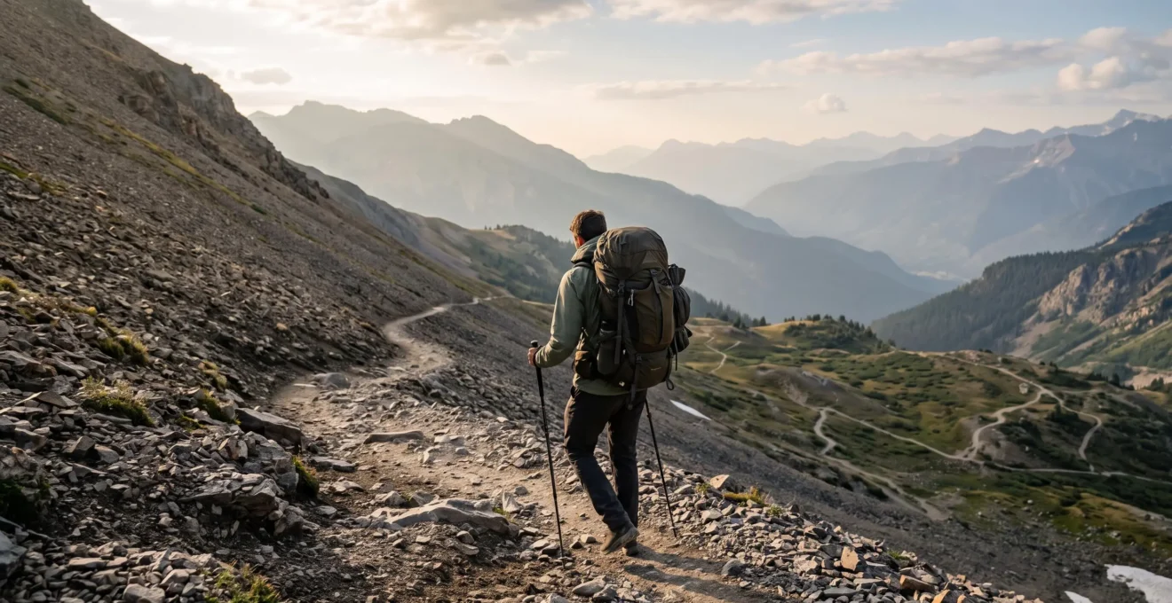 Hiker ascending a steep mountain trail with dramatic elevation gain at sunrise