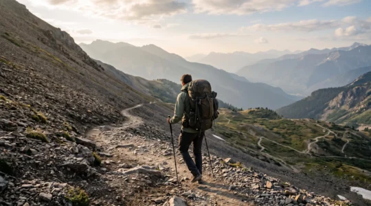 Hiker ascending a steep mountain trail with dramatic elevation gain at sunrise