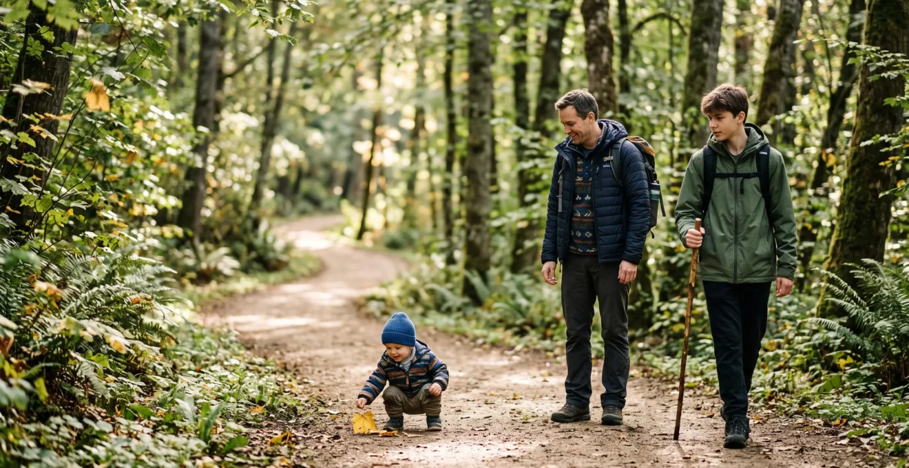 A multigenerational family walking together on a forest trail, with a toddler and a teenager both engaged in the outdoor journey