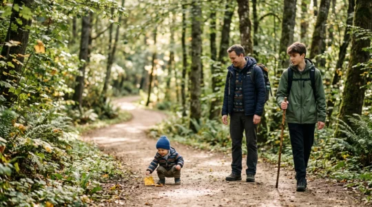 A multigenerational family walking together on a forest trail, with a toddler and a teenager both engaged in the outdoor journey