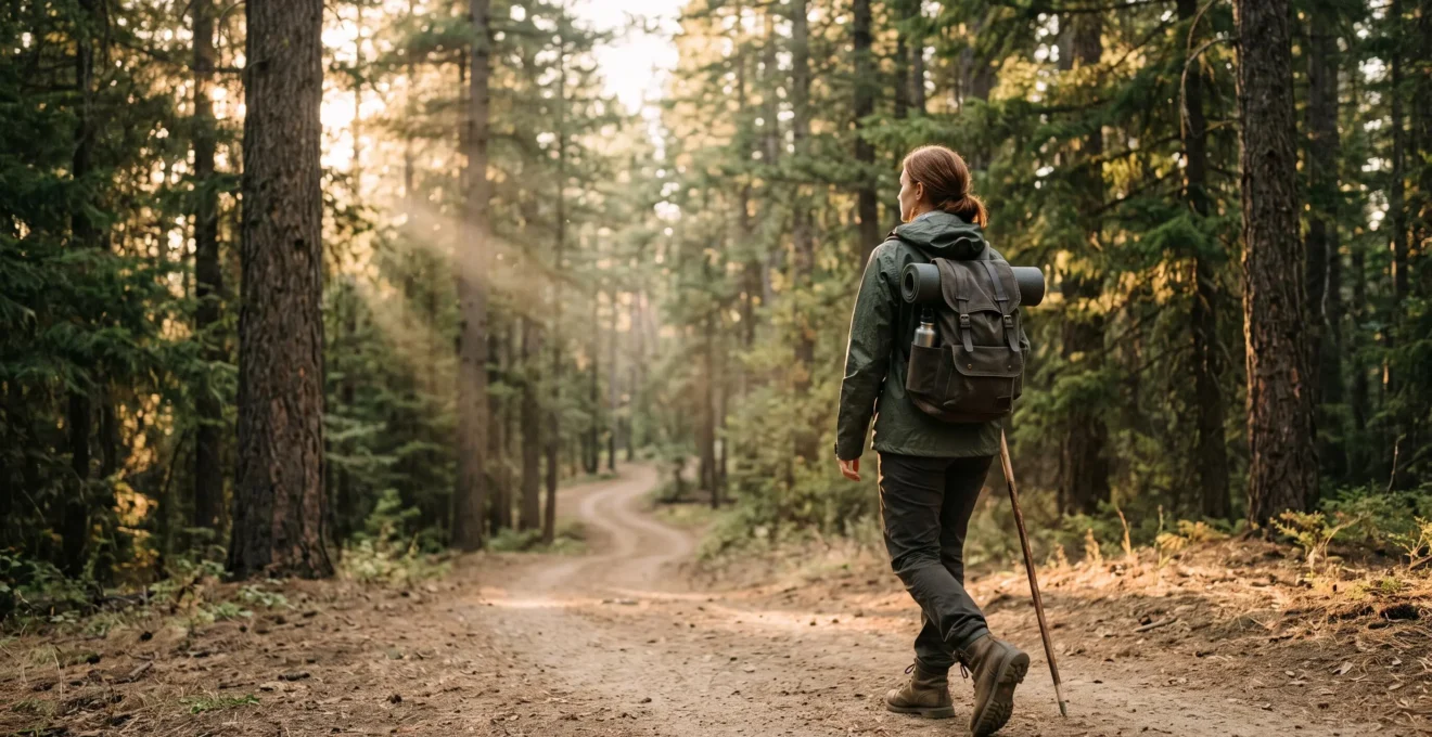 A lone hiker walking at a steady, sustainable pace along a winding forest trail during golden hour, symbolizing personal rhythm on a day hike