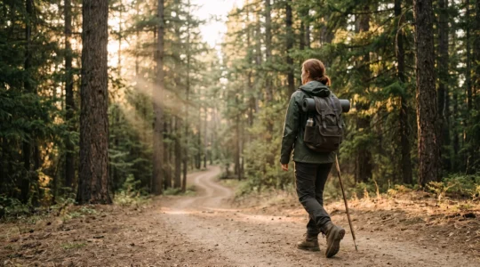 A lone hiker walking at a steady, sustainable pace along a winding forest trail during golden hour, symbolizing personal rhythm on a day hike