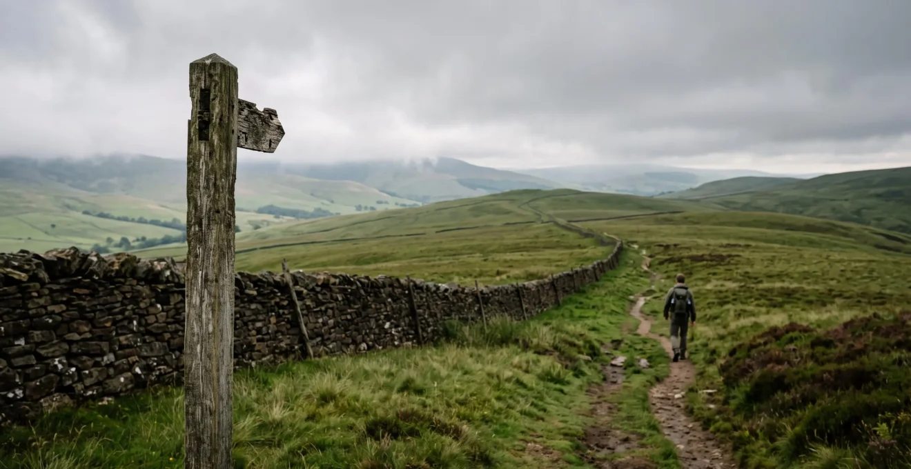 Solo hiker walking a quiet waymarked path across the British countryside with a wooden trail post in the foreground