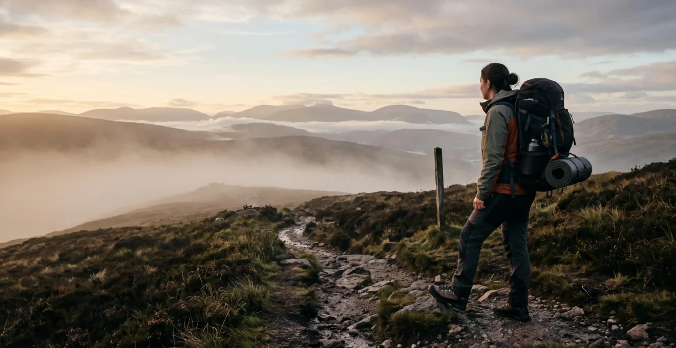 A lone trekker with a full backpack standing at a misty trailhead at dawn, facing a vast mountainous wilderness