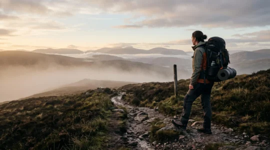 A lone trekker with a full backpack standing at a misty trailhead at dawn, facing a vast mountainous wilderness