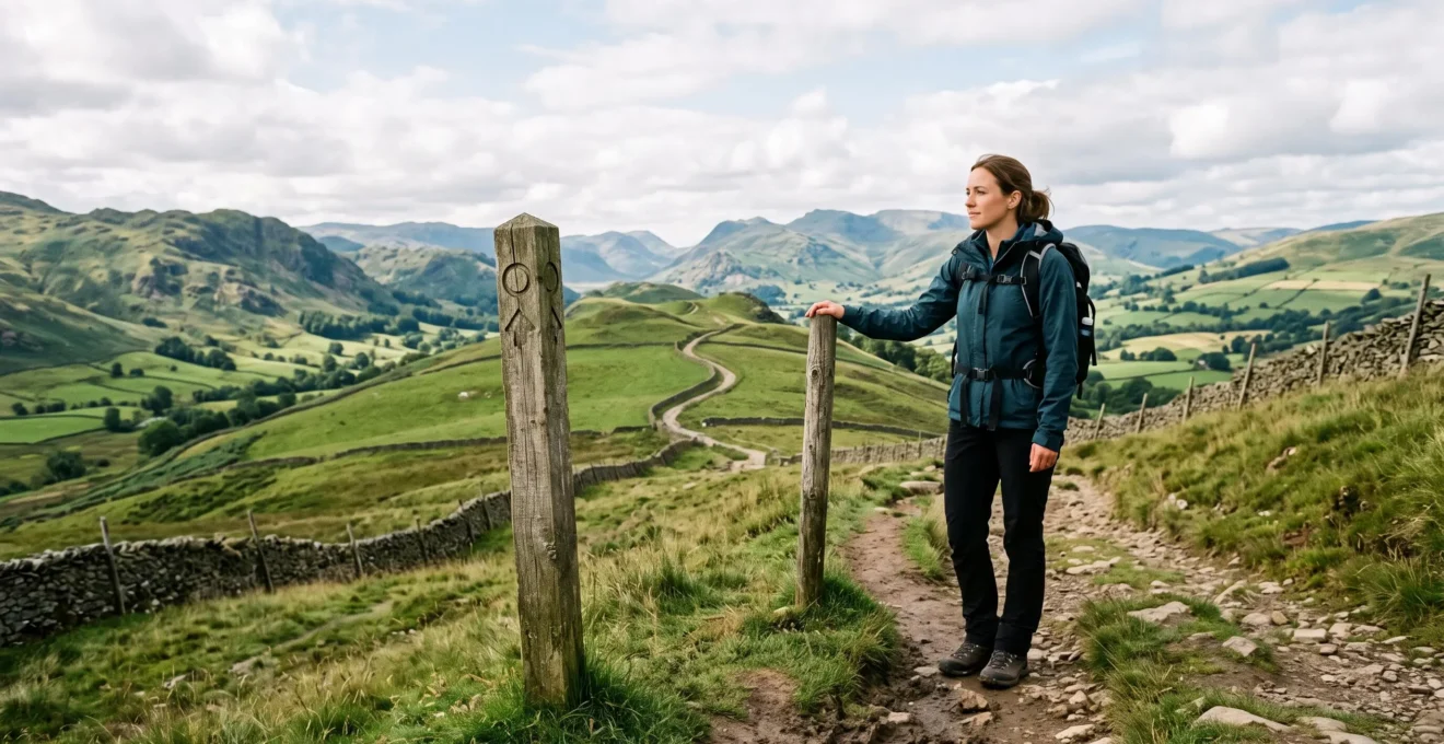 A first-time hiker following a clearly waymarked countryside path through the British hills at golden hour