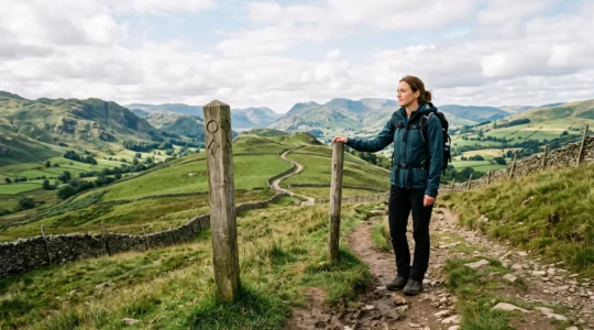A first-time hiker following a clearly waymarked countryside path through the British hills at golden hour