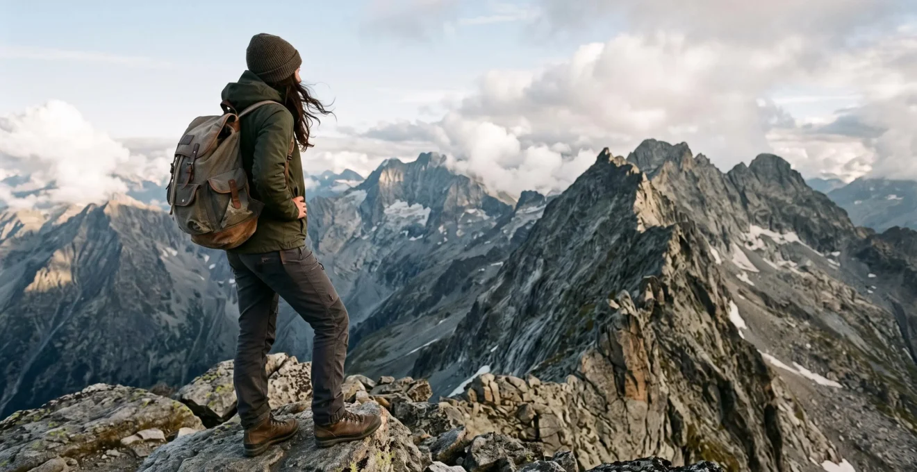Experienced hiker standing at the edge of a rugged Alpine ridge, contemplating a long high-altitude traverse under dramatic mountain light.