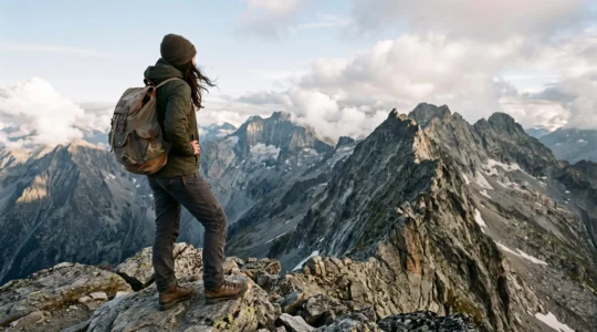 Experienced hiker standing at the edge of a rugged Alpine ridge, contemplating a long high-altitude traverse under dramatic mountain light.