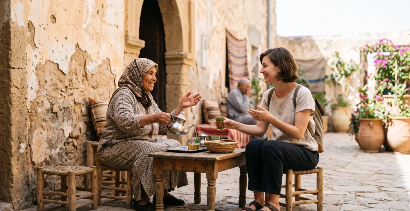 A traveler shares a quiet, genuine moment with a local host in a sunlit courtyard, symbolizing authentic cultural immersion beyond typical tourism