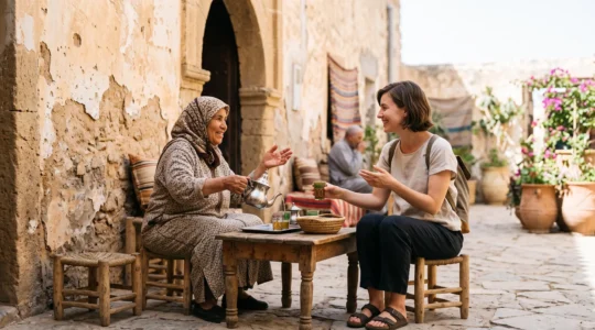 A traveler shares a quiet, genuine moment with a local host in a sunlit courtyard, symbolizing authentic cultural immersion beyond typical tourism