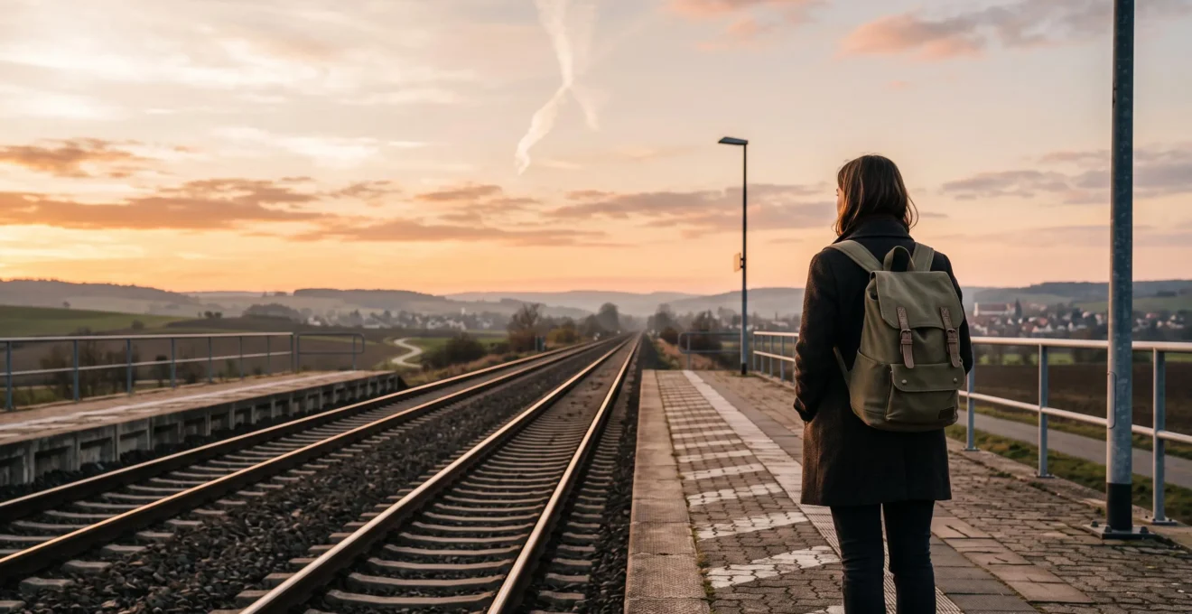 A traveler standing at a train platform at dawn, choosing a slower, low-carbon journey over a distant flight path
