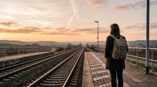 A traveler standing at a train platform at dawn, choosing a slower, low-carbon journey over a distant flight path