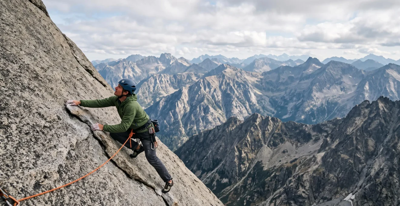 A climber ascending a technical granite mountain route, roped and focused, surrounded by dramatic alpine scenery