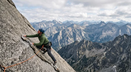 A climber ascending a technical granite mountain route, roped and focused, surrounded by dramatic alpine scenery
