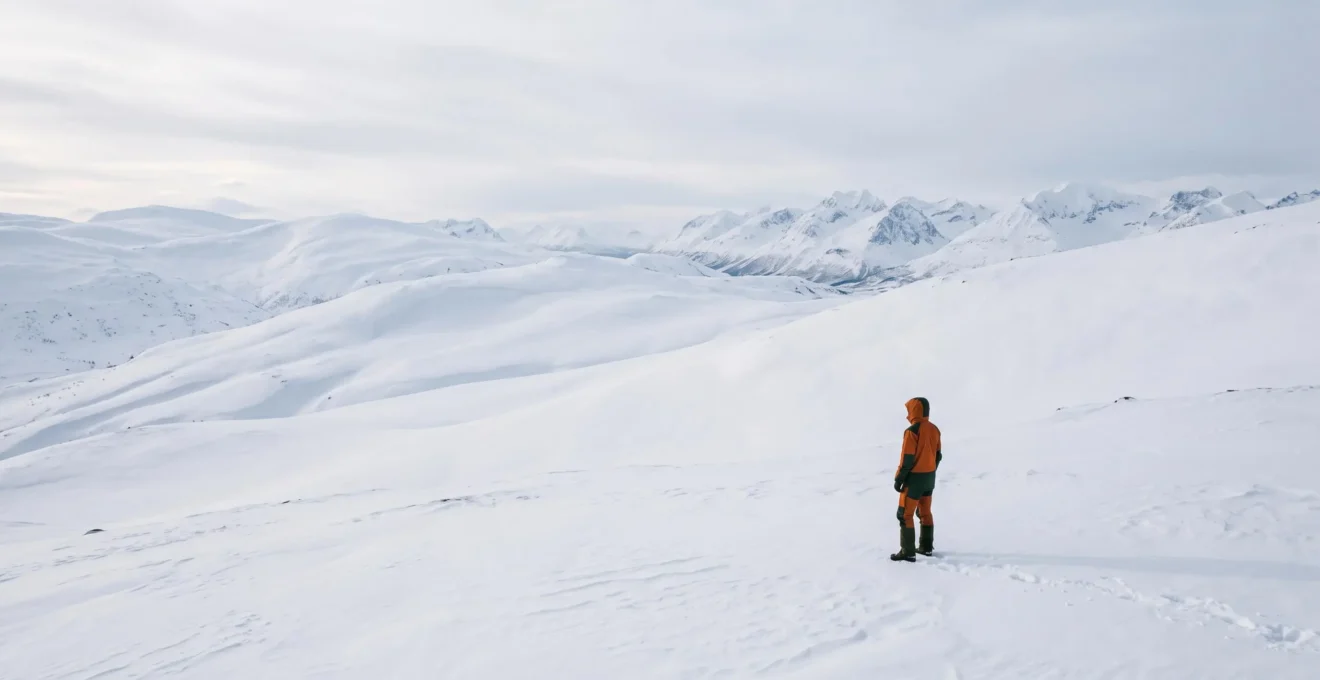 A lone backcountry traveler pauses at the edge of a vast, sunlit open powder field, assessing the terrain before crossing.