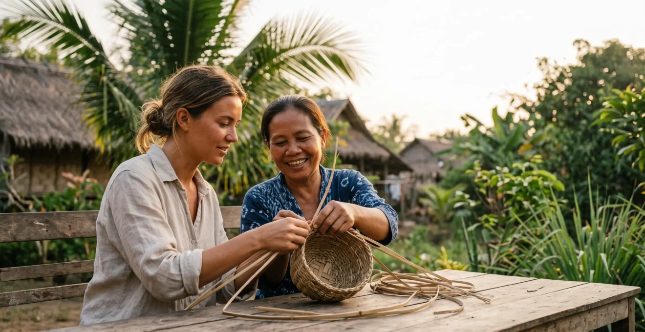 Traveler and local artisan collaborating respectfully outdoors, symbolizing genuine community-based ethical tourism
