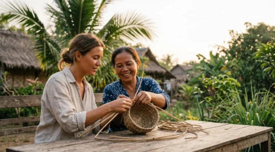 Traveler and local artisan collaborating respectfully outdoors, symbolizing genuine community-based ethical tourism