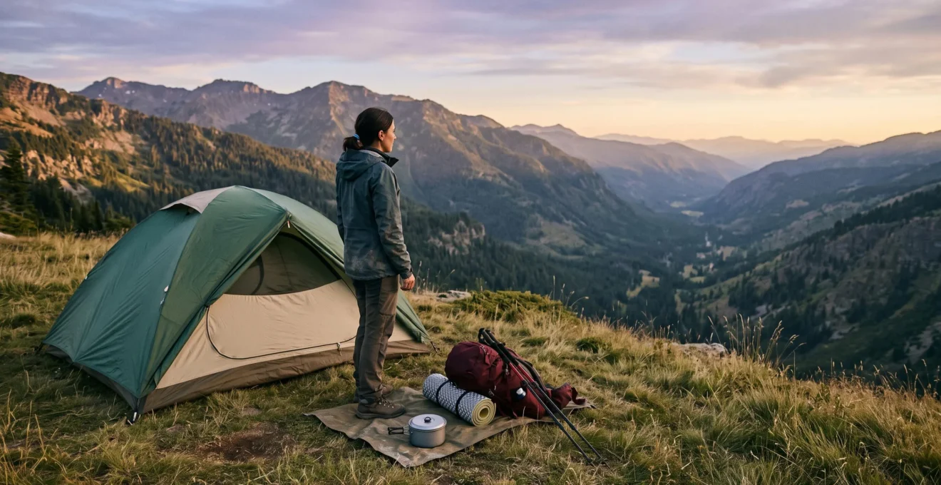 A camper standing beside a fully pitched tent in a mountain valley at dusk, surrounded by organized gear, symbolizing careful trip planning