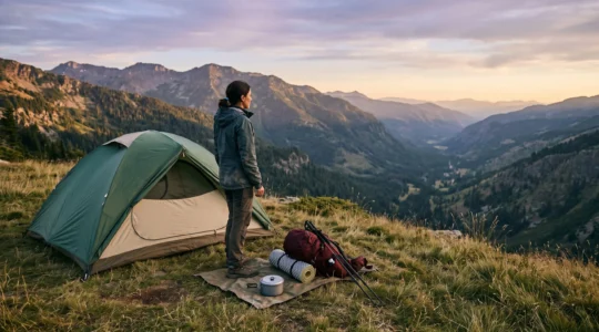 A camper standing beside a fully pitched tent in a mountain valley at dusk, surrounded by organized gear, symbolizing careful trip planning