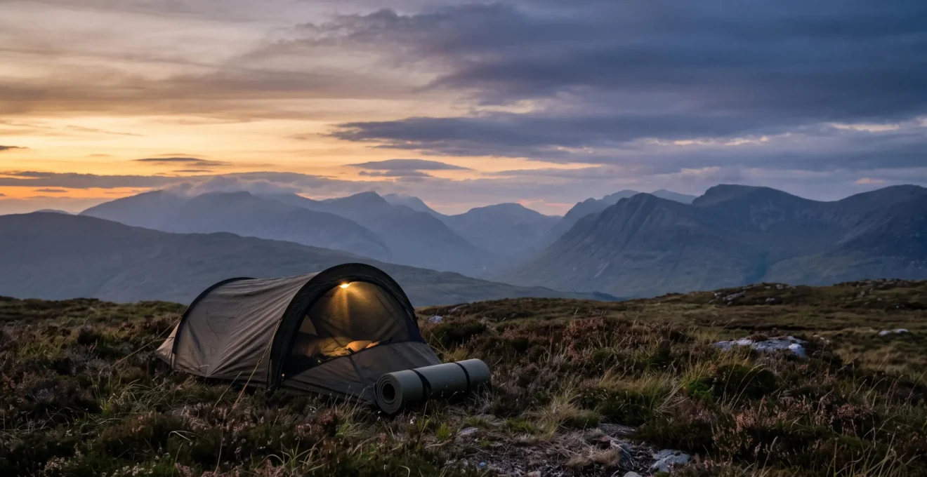 A hiker's hooped bivvy bag pitched on a remote UK hillside at dusk with misty mountains in the background