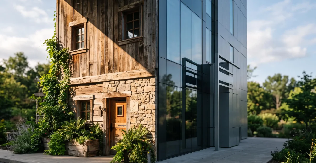 Split visual contrast between a naturally integrated eco-lodge and a polished conventional hotel facade, symbolizing the search for genuine sustainability