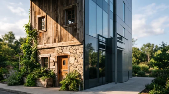 Split visual contrast between a naturally integrated eco-lodge and a polished conventional hotel facade, symbolizing the search for genuine sustainability