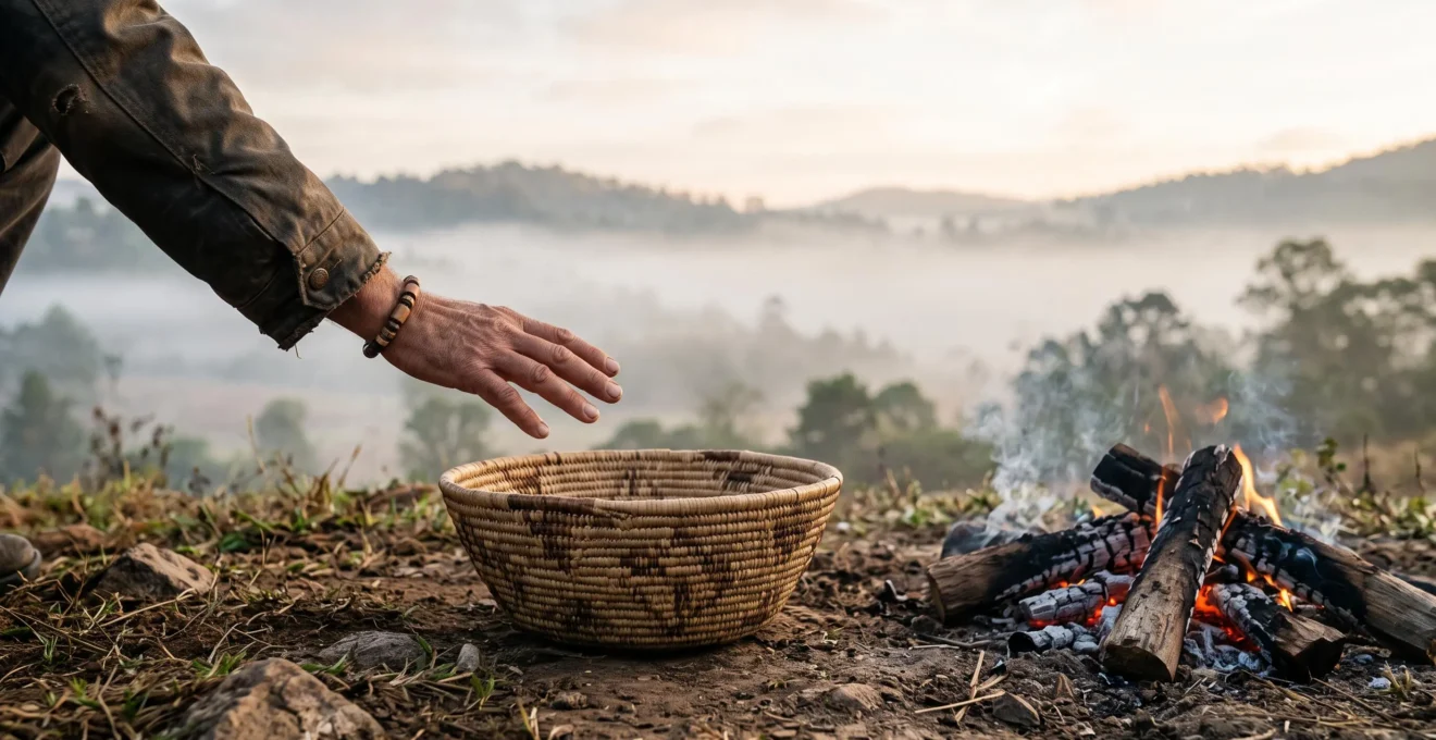 A traveler's hand resting near, but not touching, a handwoven ceremonial basket on natural ground, symbolizing respectful distance during cultural travel