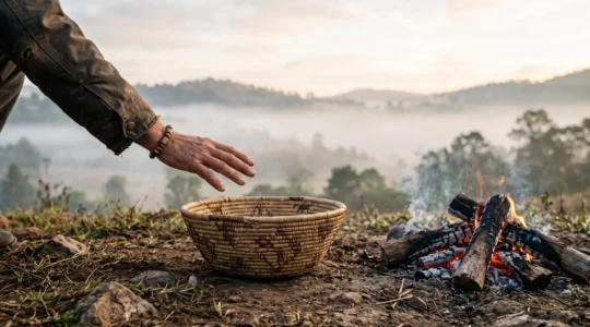 A traveler's hand resting near, but not touching, a handwoven ceremonial basket on natural ground, symbolizing respectful distance during cultural travel