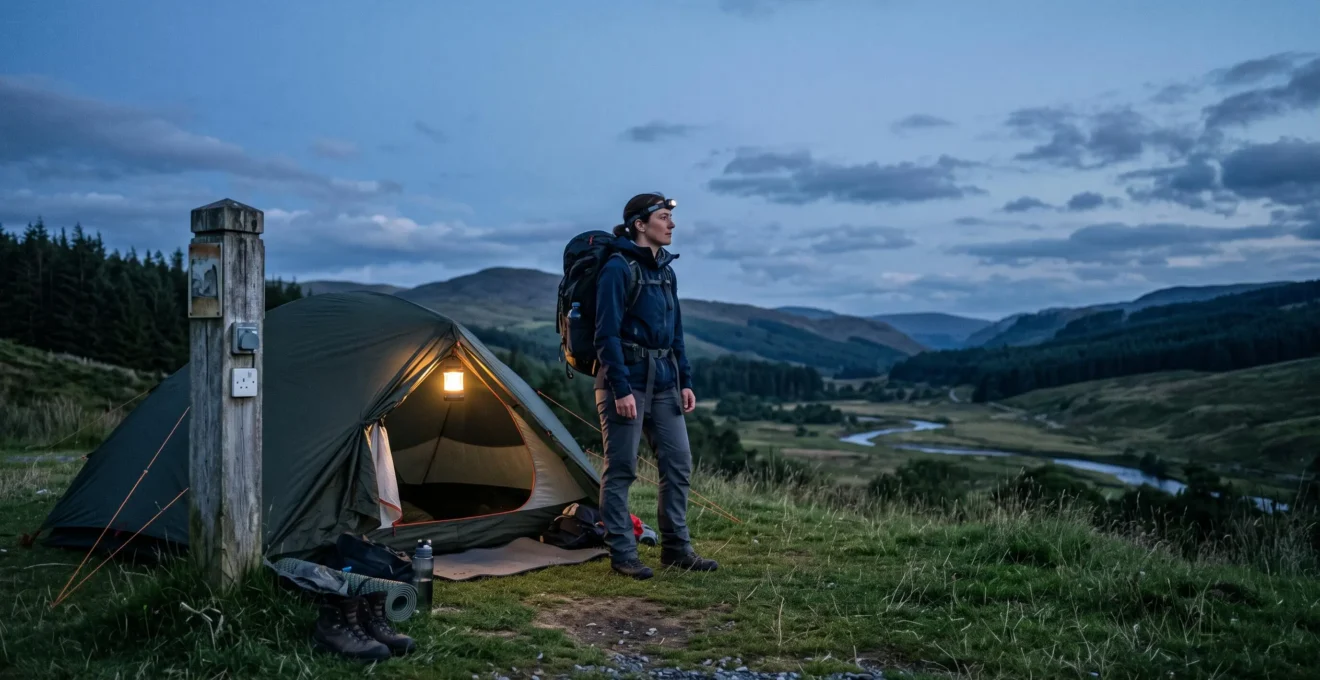 A hiker with a loaded backpack arriving at a spacious camping pitch equipped with a utility hookup post at dusk
