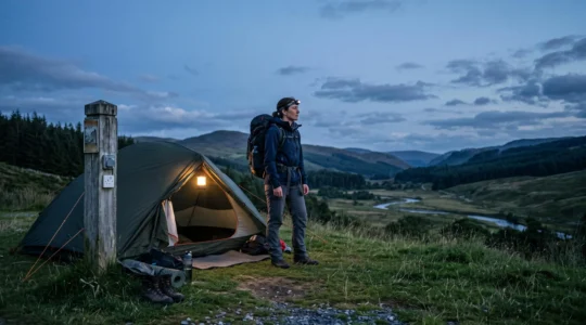 A hiker with a loaded backpack arriving at a spacious camping pitch equipped with a utility hookup post at dusk