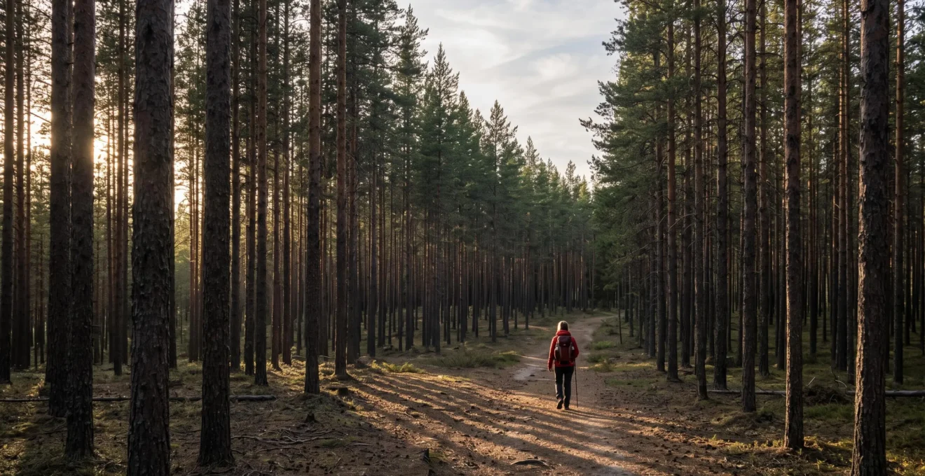 A lone hiker walking through a vast, uniform boreal spruce forest under low, golden sunlight, illustrating the scale and repetitive landscape unique to northern forests.