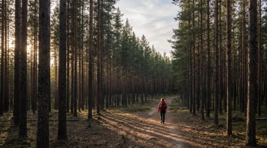 A lone hiker walking through a vast, uniform boreal spruce forest under low, golden sunlight, illustrating the scale and repetitive landscape unique to northern forests.