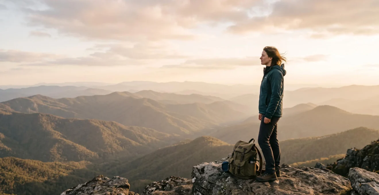 A hiker pausing thoughtfully at a scenic overlook during a well-paced multi-day hiking trip