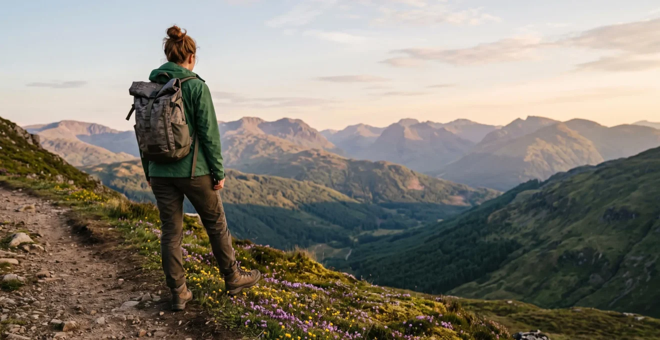 A hiker pausing at the edge of a wildflower meadow, respecting the boundary between the trail and fragile vegetation