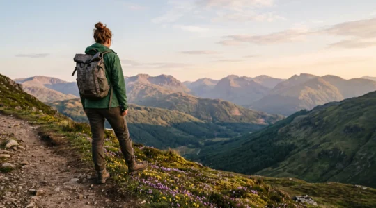 A hiker pausing at the edge of a wildflower meadow, respecting the boundary between the trail and fragile vegetation
