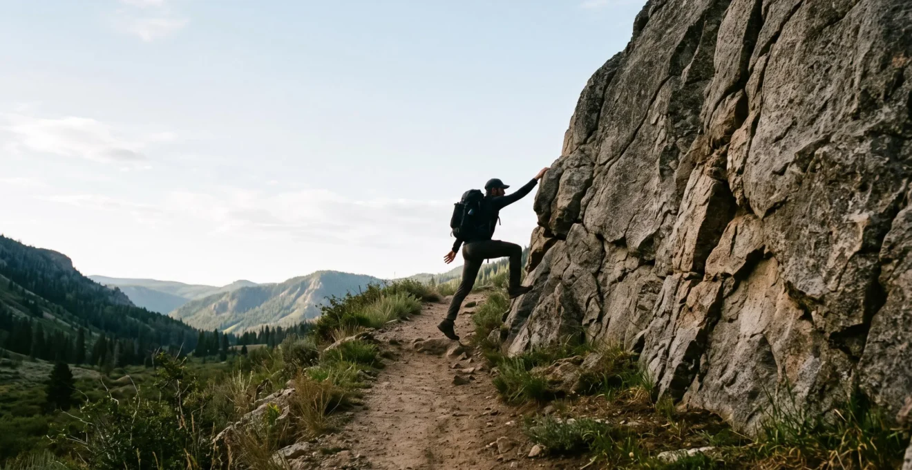 A hiker at the exact point where a dirt trail ends and bare rock requiring hands begins, symbolizing the shift from hiking to scrambling