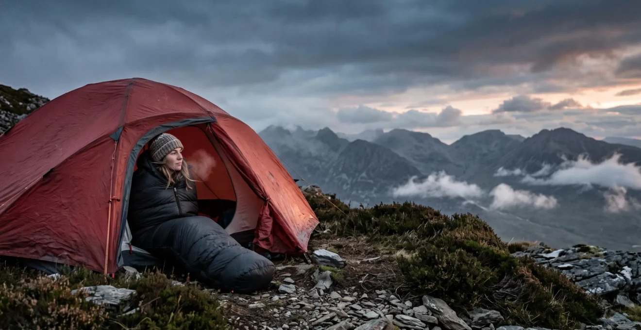 A camper wrapped in a warm sleeping bag inside a tent, looking out at a cold, misty UK mountain landscape at dusk.