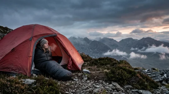 A camper wrapped in a warm sleeping bag inside a tent, looking out at a cold, misty UK mountain landscape at dusk.