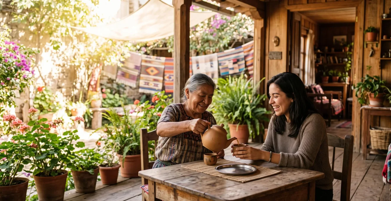 A local host and a traveler sharing tea on the sunlit porch of a small family-run guest house, symbolizing genuine cultural connection