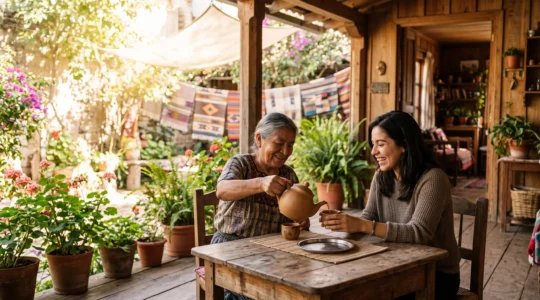 A local host and a traveler sharing tea on the sunlit porch of a small family-run guest house, symbolizing genuine cultural connection