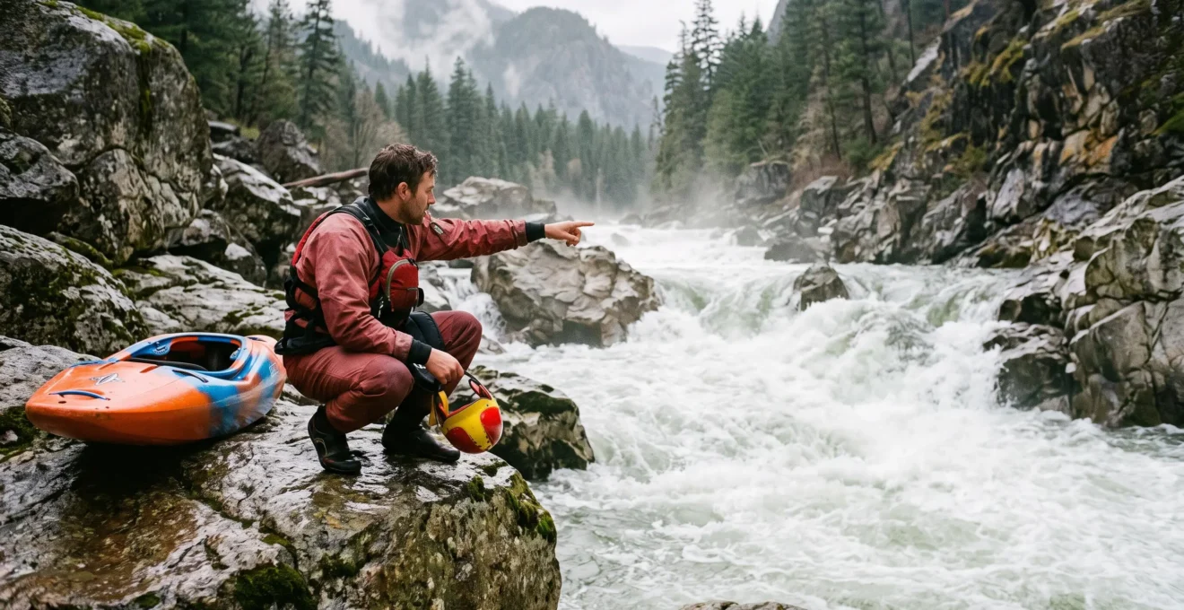 A whitewater kayaker crouched on a rocky riverbank studying a churning rapid before paddling, illustrating how to read rivers safely