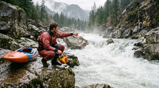 A whitewater kayaker crouched on a rocky riverbank studying a churning rapid before paddling, illustrating how to read rivers safely