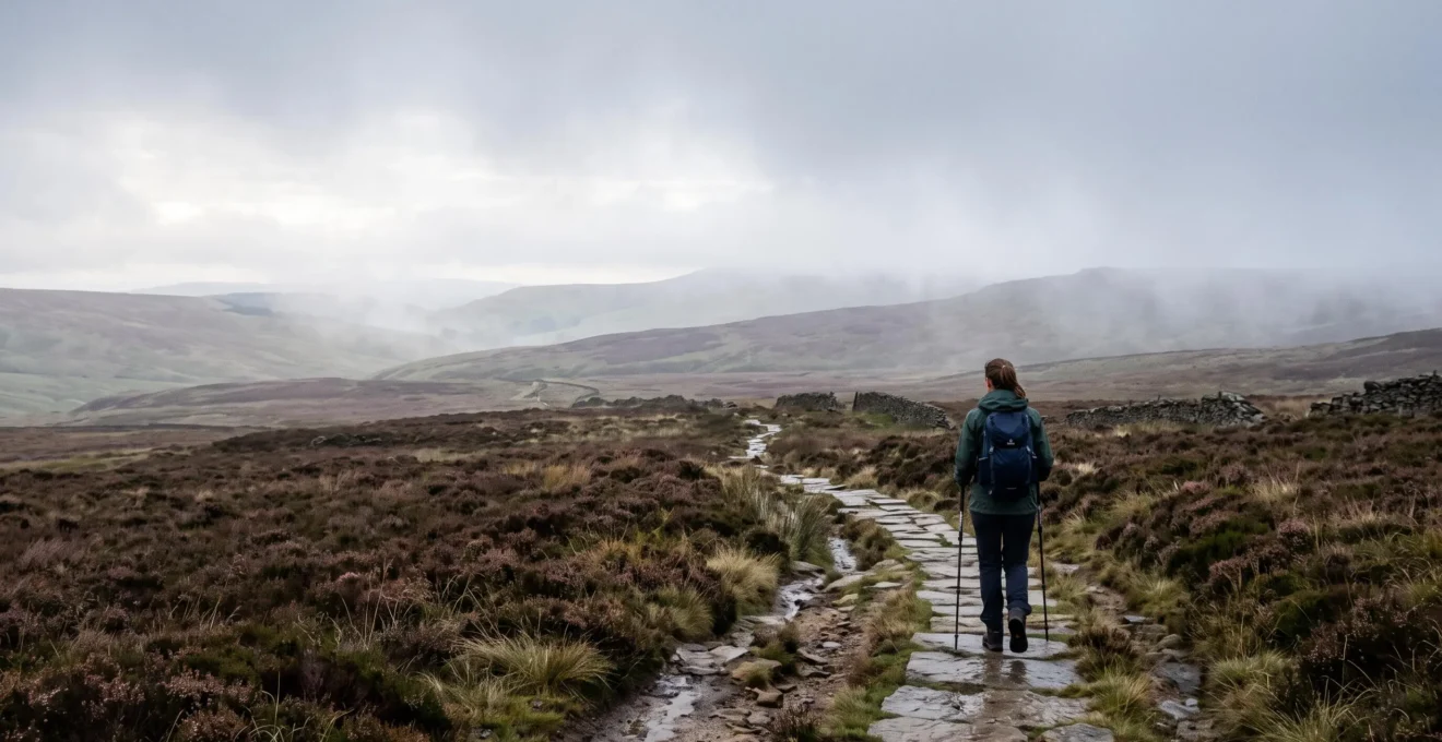 A lone hiker pauses on a misty UK mountain trail, leaving only footprints on the path, embodying Leave No Trace principles