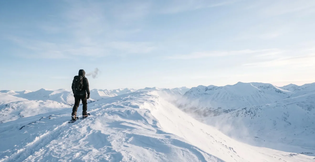 Lone snowshoer crossing a wind-swept frozen ridge under a pale sub-zero dawn sky