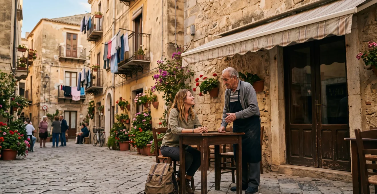 A traveler sitting at a small local outdoor cafe in a European town, blending naturally into daily neighborhood life during a long-term stay abroad