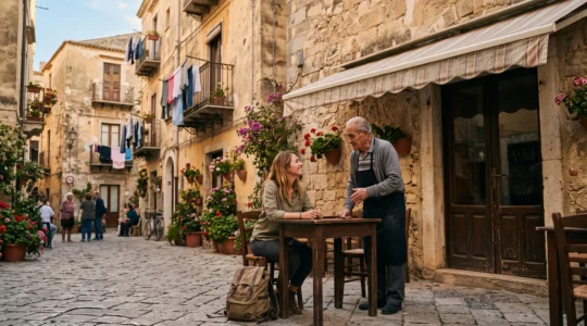 A traveler sitting at a small local outdoor cafe in a European town, blending naturally into daily neighborhood life during a long-term stay abroad