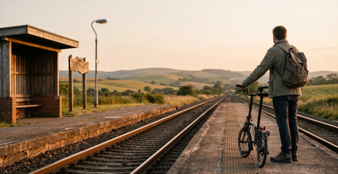A traveler with a folding bicycle standing at a rural train platform at golden hour, symbolizing the choice of low-carbon mobility for commuting and travel