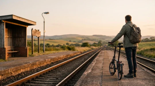 A traveler with a folding bicycle standing at a rural train platform at golden hour, symbolizing the choice of low-carbon mobility for commuting and travel