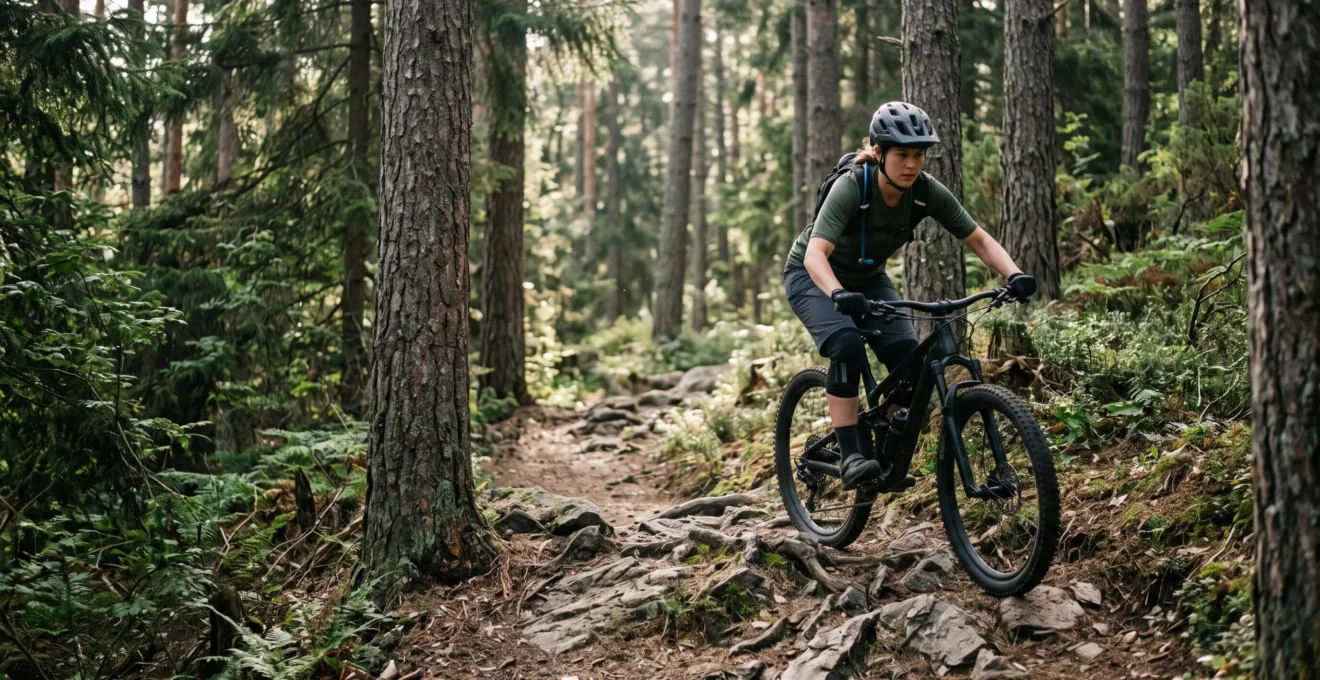 Mountain biker confidently navigating a rocky technical singletrack trail through a forest